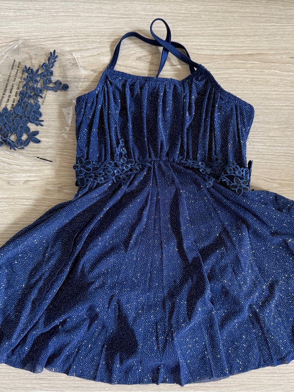 Weissman Navy Sparkle Halter Dress with Floral Waist Appliqué
